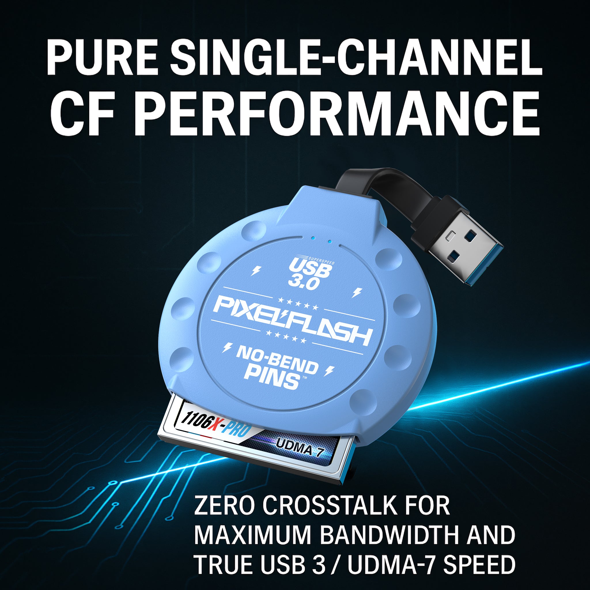 CF Card Reader with Attached USB-A Cable - Blue