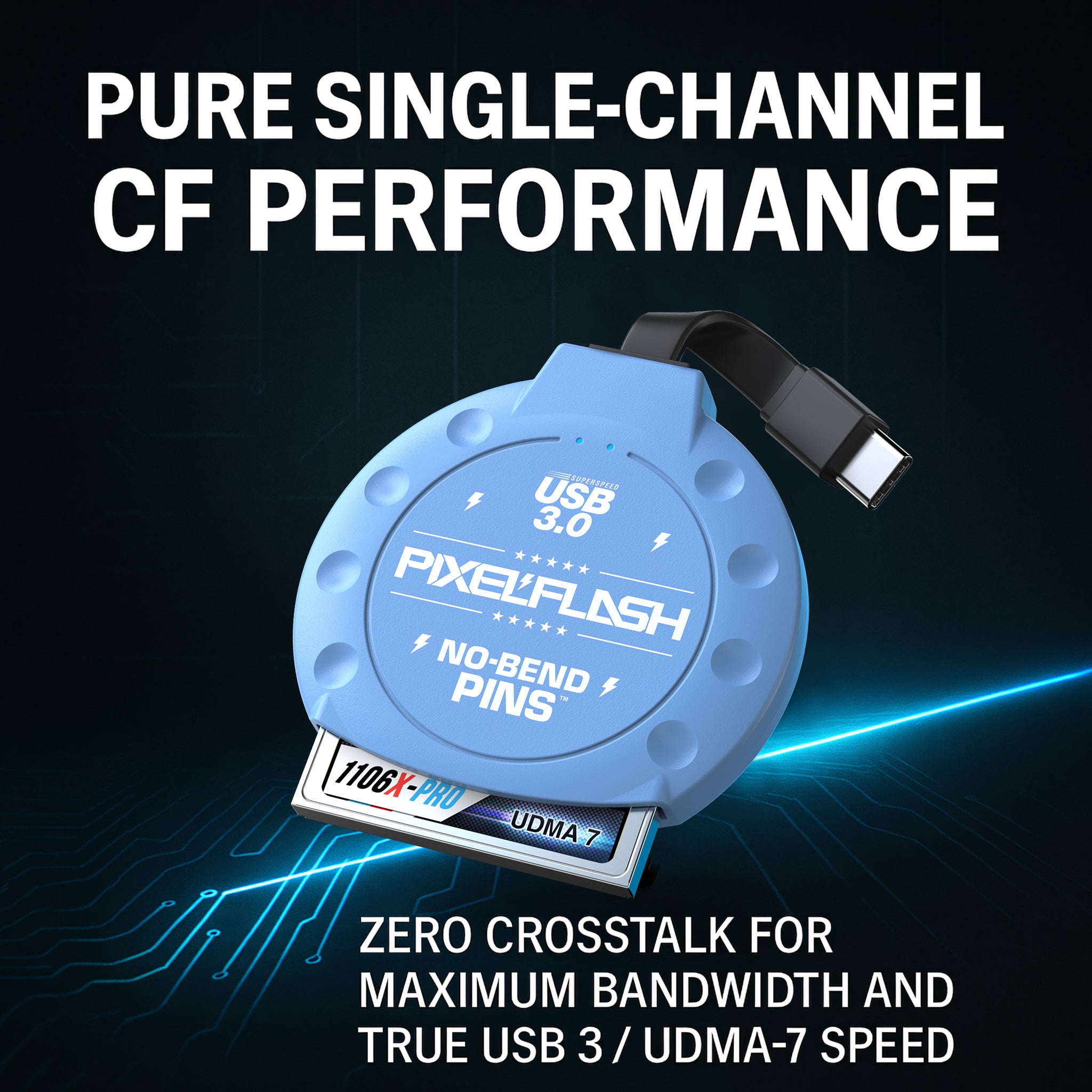 CF Card Reader with Attached USB-C Cable - Blue