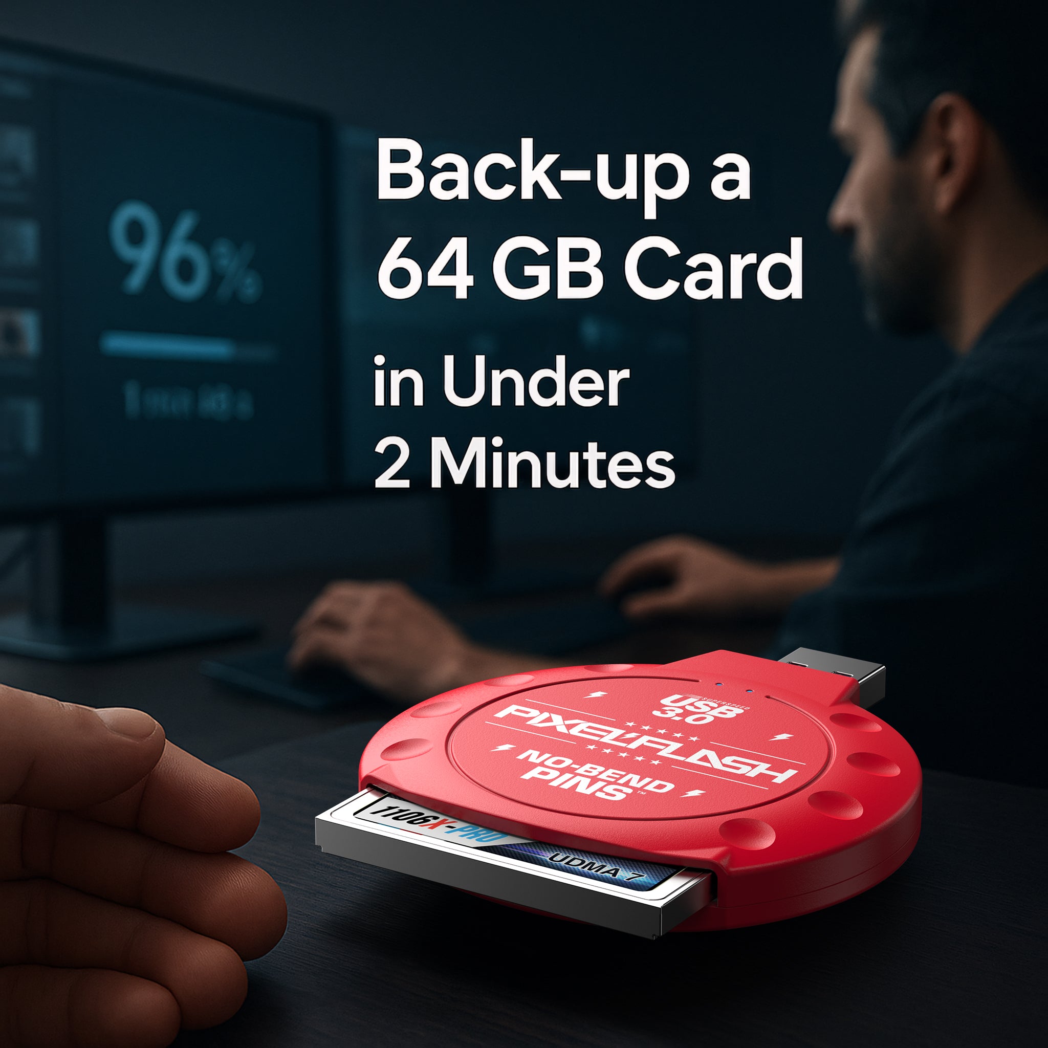CF Card Reader with Attached USB-C Cable - Red